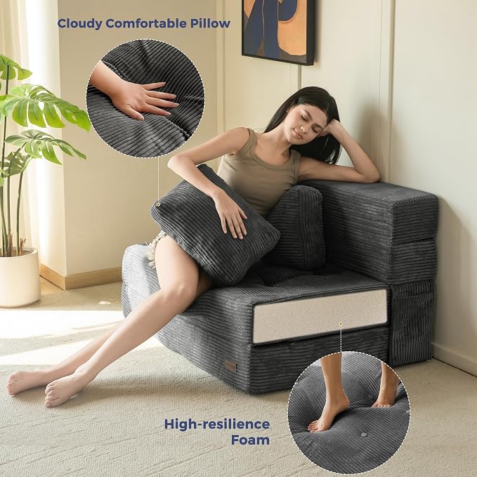MAXYOYO Convertible Sofa Bed, Fold Out Sofa Couch with Pillow, 4 in 1 Tufted Folding Couch Bed Foam Floor Couch, Lazy Chair for Living Room Bedroom Guest Room, Dark Grey