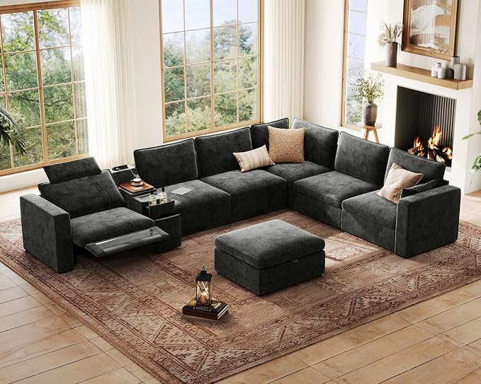 169.7" Oversized Modular Power Recliner Sofa with Headrest, Wall Hugger Cloud Reclining Couch, Drawer Charging Cup Holders, Deep 7-Seater Sectional with Corner and Storage Ottoman, Chenille, Black