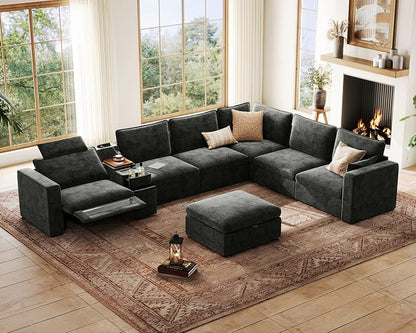 169.7" Oversized Modular Power Recliner Sofa with Headrest, Wall Hugger Cloud Reclining Couch, Drawer Charging Cup Holders, Deep 7-Seater Sectional with Corner and Storage Ottoman, Chenille, Black
