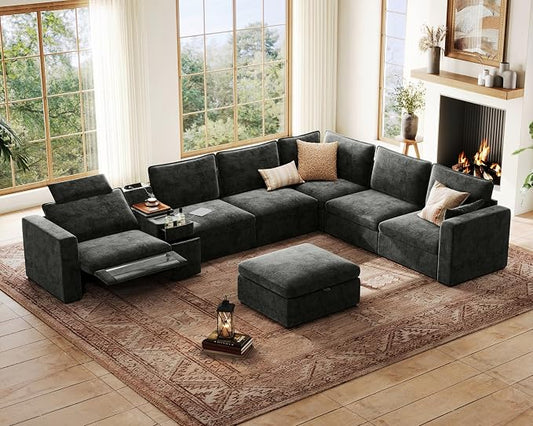 169.7" Oversized Modular Power Recliner Sofa with Headrest, Wall Hugger Cloud Reclining Couch, Drawer Charging Cup Holders, Deep 7-Seater Sectional with Corner and Storage Ottoman, Chenille, Black