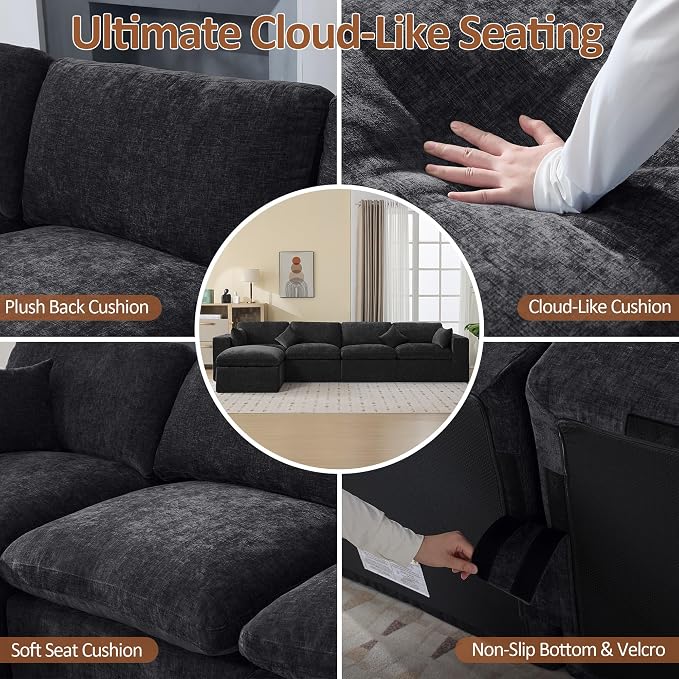 146''Cloud Boneless Sectional Couch, Modular Sectional Sofa Deep Seat with Ottoman, Oversized Upholstered Convertible Comfy 5 Seater Chenille Sofa L Shape Couches for Living Room, Dark
