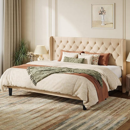 SHA CERLIN King Size Platform Bed Frame with Upholstered Headboard and Wingback, Button Tufted Design, Easy Assembly, No Box Spring Needed, Beige