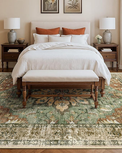 RELEANY Area Rugs Large 10'x14' Washable Non-Slip, Floral Vintage Distress Medallion Carpet for Living Room Bedroom Dining Room, Terracotta Burnt Orange Green