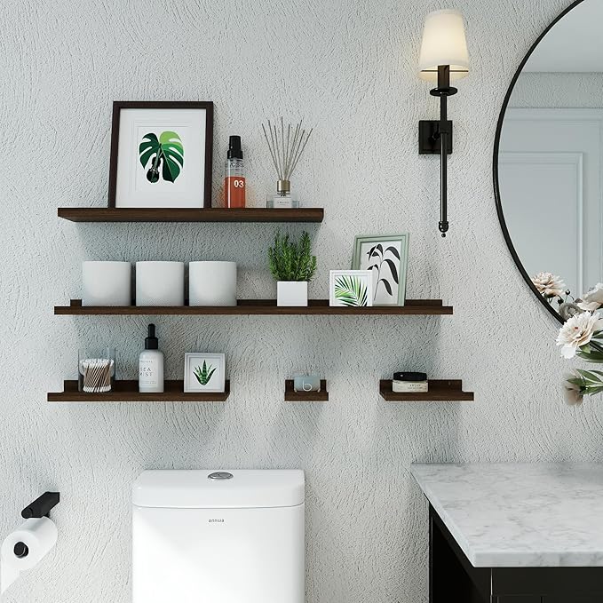 Small Floating Shelves for Wall Decor, Wall Mounted Wood Shelf for Bedroom, Living Room, Bathroom, Kitchen, Nursery, Display Ledge Shelf with Lip Set of 2-8 Inches, Walnut