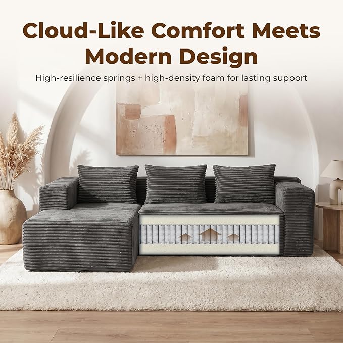 Modular Sectional L-Shaped Sofa with Deep Seat, Modern Boneless Comfy Corduroy Fluffy Couch with Side Pockets and Anti-Slip & Floor-Friendly Bottom for Living Room, No Assembly, Dark Grey