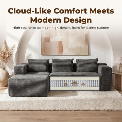 Modular Sectional L-Shaped Sofa with Deep Seat, Modern Boneless Comfy Corduroy Fluffy Couch with Side Pockets and Anti-Slip & Floor-Friendly Bottom for Living Room, No Assembly, Dark Grey