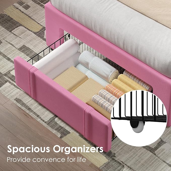 VECELO Twin Size Upholstered Bed Frame with Storage Drawer, Adjustable Velvet Rivet Decor Headboard, Wooden Slats Platform Support, No Box Spring Needed, Easy Assembly,Pink