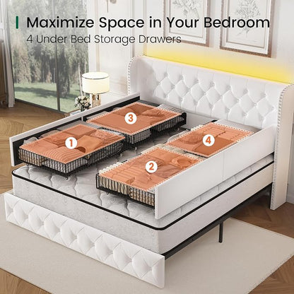 LARMACE King Size Bed Frame with LED Lights and 4 Storage Drawers Velvet Upholstered Platform Bed Frame with 47.2" Tall Tufted Headboard Wingback, No Box Spring Needed, Easy to Assemble, White