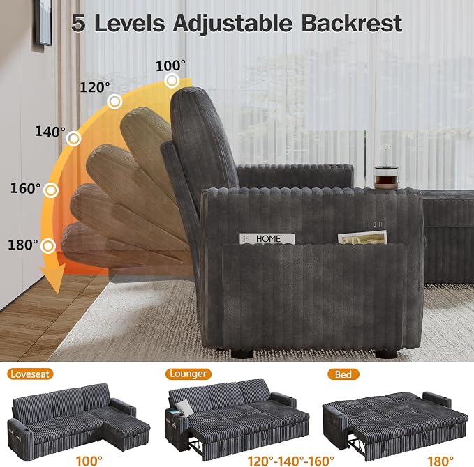 Sunny Heart 101" Plush Corduroy L Shaped Sectional Sleeper Sofa Bed with Pull Out Bed, Reclining Backrest, Reversible Storage Chaise, USB Ports, Cup Holders, Tool Free Assembly, Darke Grey