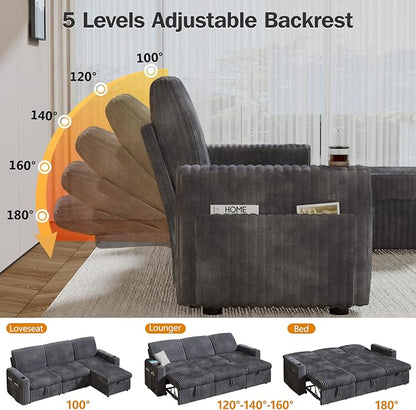 Sunny Heart 101" Plush Corduroy L Shaped Sectional Sleeper Sofa Bed with Pull Out Bed, Reclining Backrest, Reversible Storage Chaise, USB Ports, Cup Holders, Tool Free Assembly, Darke Grey
