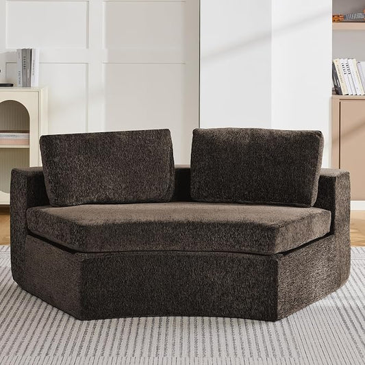 WUTUTUEE Curved Round Boneless Sofa, Oversized Modular Sectional Sofa with Deep Seat, Chenille Memory Foam Sofa with Pillows, Upholstered Comfy 2 Middle Seat Couch for Living Room, Brown