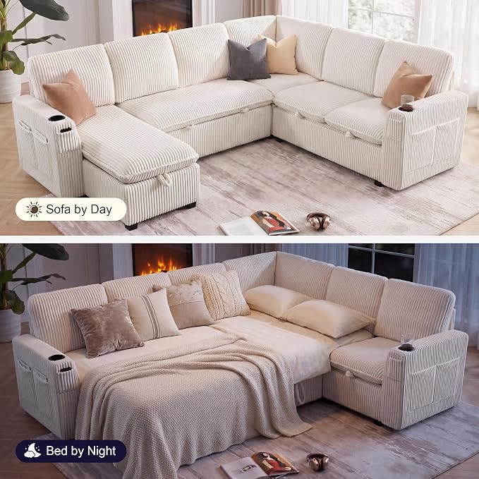 Sectional Sleeper Sofa with Pull Out Bed, Plush Corduroy 7 Seat Modular Sectional Sofa with Storage Chaise and Adjustable Backrest, Cloud Couches for Living Room, Apartment, Beige