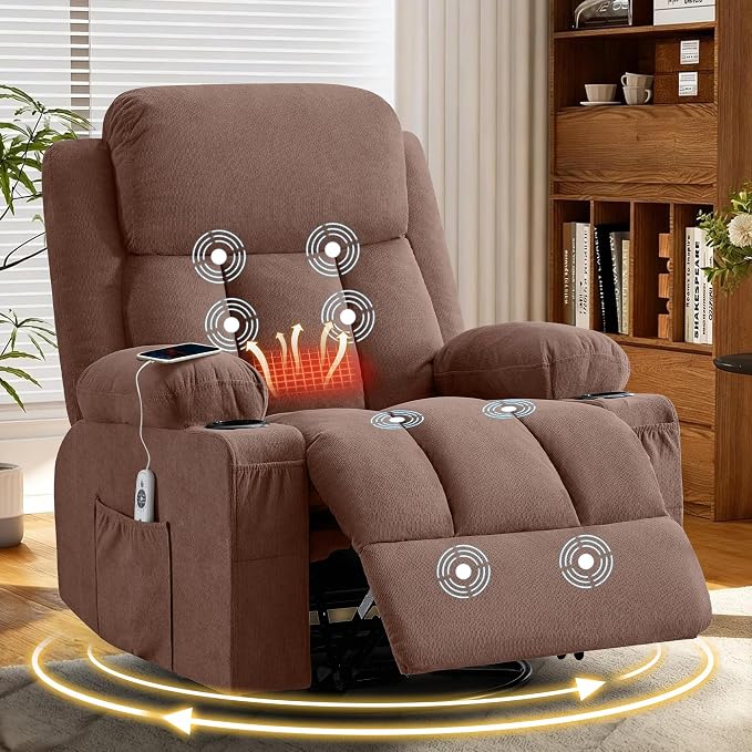 MAHOMICO Swivel Rocker Recliner Chair with Vibration Massage and Heat for Living Room,with Rocking Function and Side Pocket, USB Charge Port,2 Cup Holders