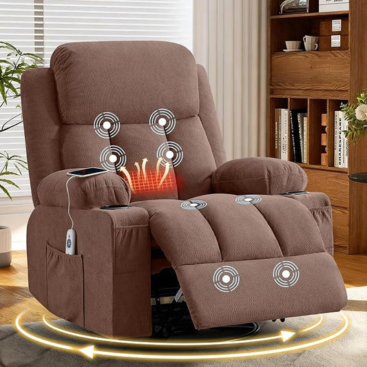 MAHOMICO Swivel Rocker Recliner Chair with Vibration Massage and Heat for Living Room,with Rocking Function and Side Pocket, USB Charge Port,2 Cup Holders