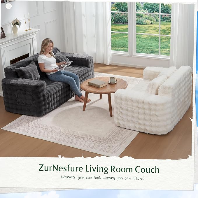 ZurNesfure Sofa Couch Loveseat, Memory Foam Couch with Pillow, Modern Cloud Couch with deep seat and Removable Washable Cover Boneless Sofas for Living Room Bedroom Apartment (White,Loveseat)
