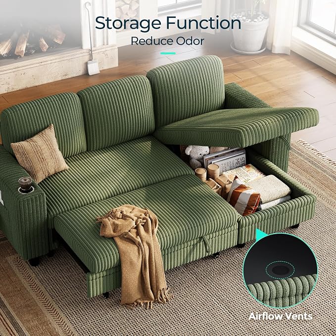 LINSY HOME Sectional Sleeper Sofa Pull Out Couches for Living Room (Green, Sleeper Sofa 1) | Pull Out Sofa Bed, Storage, USB Charging, Cup Holders, Plush Corduroy