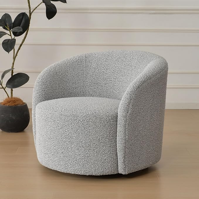 KINWELL 34" W Mid Century Modern Swivel Barrel Chair, Round Upholstered Boucle Swivel Accent Chairs, No Assembly Sofa Chair for Living Room Bedroom Reading Apartment Lounge Nursery(Black White)