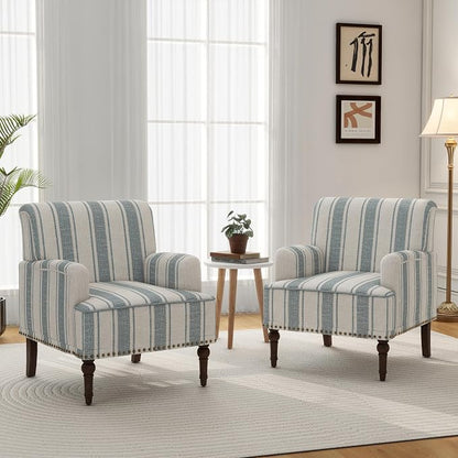 Accent Chair, Mid Century Modern Comfy Armchair for Living Room, Linen Fabric Single Sofa Lounge for Reading Bedroom Apartment Waiting Room with Wood Legs (Blue Stripe, Set of 1)