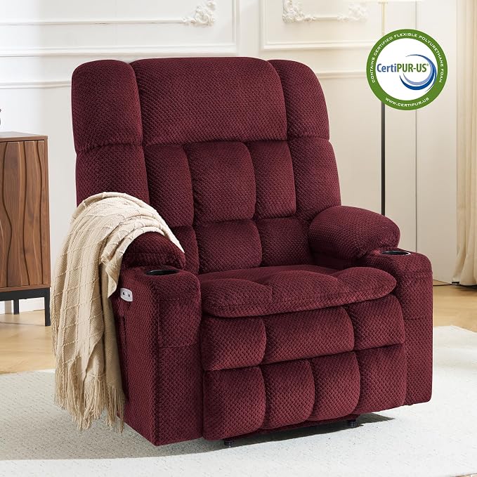 MCombo Oversized Power Lift Recliner Chair for Elderly, Dual Motor Lift Chair with Heat and Massage, Lay Flat Lift Chair for Big and Tall, Cup Holders, Fabric R7891 (Large-Wide, Burgundy)