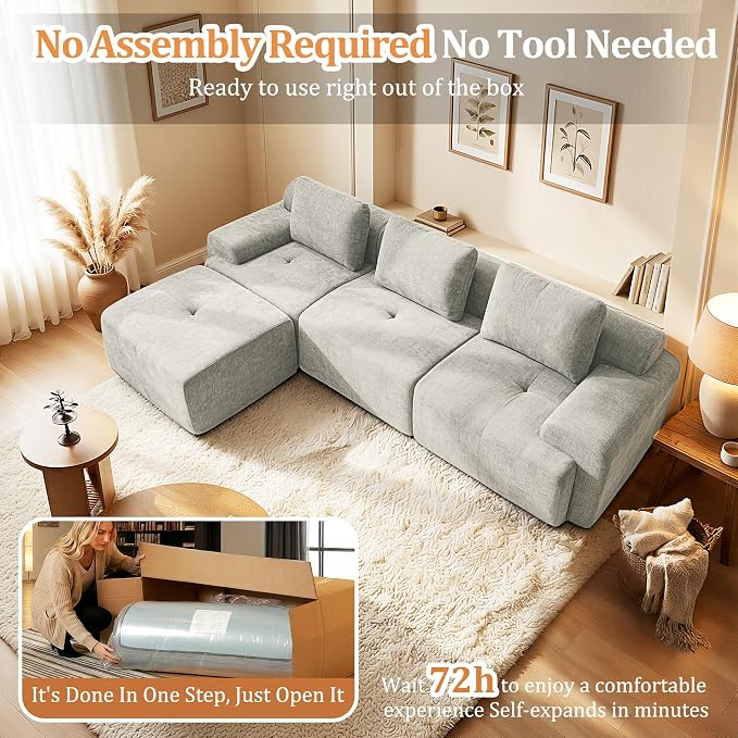 122" L-Shaped Modular Sectional Sofa, Oversized Boneless Cloud Couch for Living Room with Extra Deep Seat & High Back, Tool-Free No Assembly, Soft Chenille (Light Grey, 122 inch-L Shaped（3+1）)