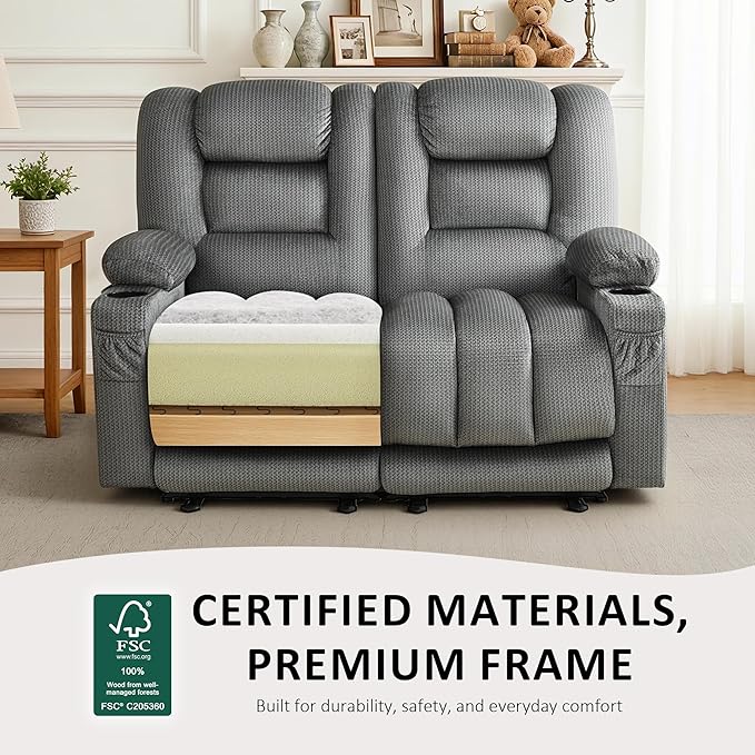 MCombo 55.9" Zero Gravity Power Loveseat Recliner with Heat and Vibration Massage, Reclining Loveseat Sofa with USB Ports, Cup Holders for Living Room, Fabric PR648SET (Grey)
