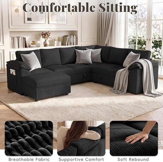 108 Inch Sectional Sleeper Sofa Bed with Pull Out Couch, U Shaped 7 Seat Cloud Modular Sectional Sofa with Storage, Corduroy Sectional Couches for Living Room, Removable Sofa Cover, Black