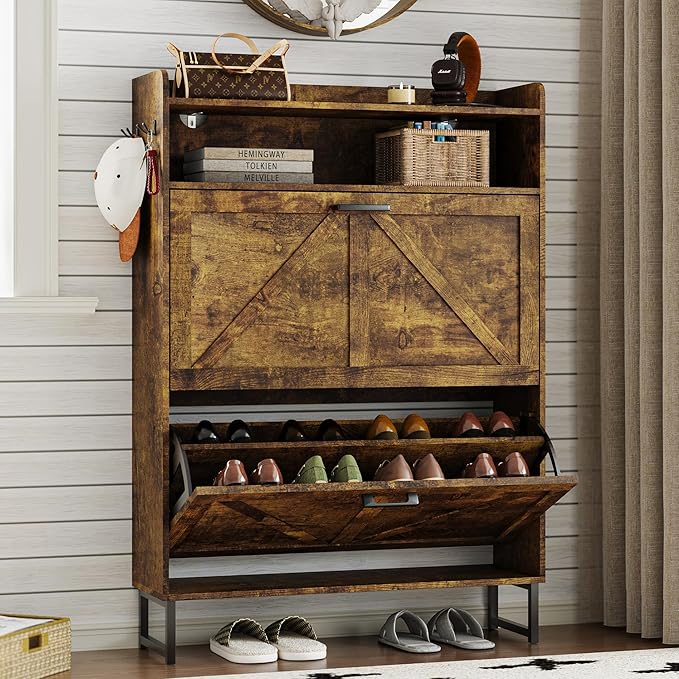 BORNOON Shoe Cabinet with 2 Flip Drawers Narrow Shoe Storage Cabinet Organizer Wooden Freestanding Rack Hidden Slim Storage for Entryway, Hallway, Living Room, Bedroom (Brown)