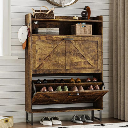 BORNOON Shoe Cabinet with 2 Flip Drawers Narrow Shoe Storage Cabinet Organizer Wooden Freestanding Rack Hidden Slim Storage for Entryway, Hallway, Living Room, Bedroom (Brown)