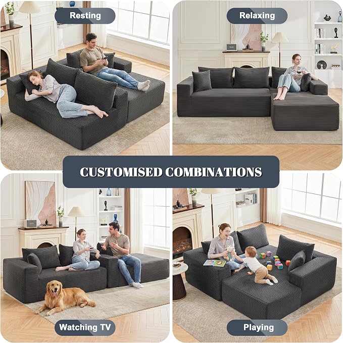 Mangodan 110” Cloud Sectional Couch, Boneless Sofa for Living Room, Modular Sectional Sofa with Deep Seat, Fluffy Couch with L-Shaped Chaise, No Assembly Required (Right-Facing Chaise, Dark Grey)