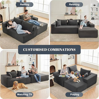 Mangodan 110” Cloud Sectional Couch, Boneless Sofa for Living Room, Modular Sectional Sofa with Deep Seat, Fluffy Couch with L-Shaped Chaise, No Assembly Required (Right-Facing Chaise, Dark Grey)