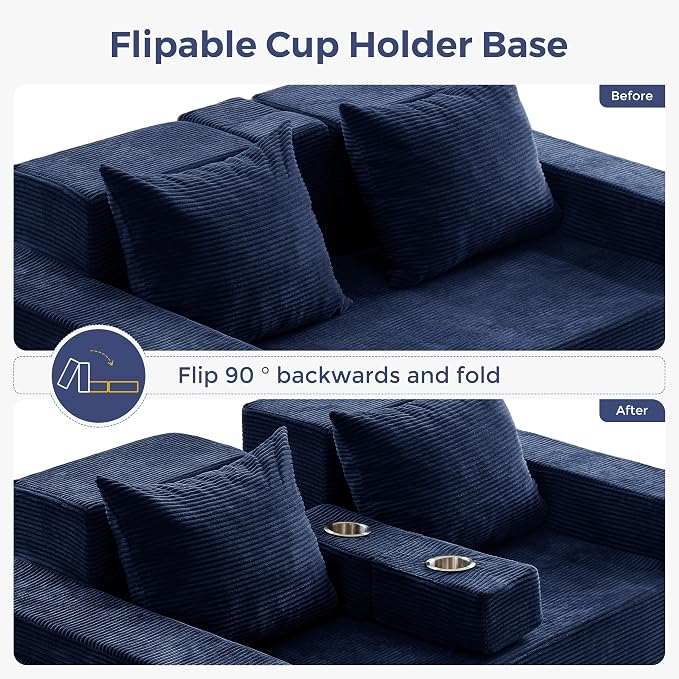 MAXYOYO Loveseat Sofa Bed, 64" Foldable Floor Sofa Couch in A Box with 2 Cup Holders, 4 in 1 Convertible Boneless Couch Folding Recliner Chair for Living Room, No Assembly Required, Navy