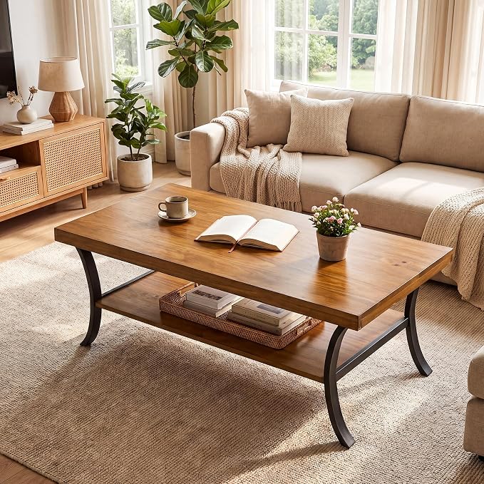 Solid Wood Coffee Table, 2-Tier Farmhouse Wood Coffee Table with Storage Shelf and Curved Metal Legs, 47" Center Table Industrial Rustic Living Room Tea Table