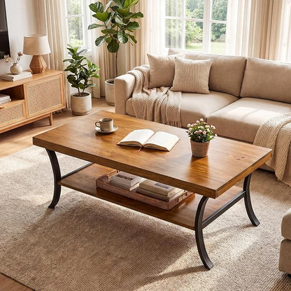 Solid Wood Coffee Table, 2-Tier Farmhouse Wood Coffee Table with Storage Shelf and Curved Metal Legs, 47" Center Table Industrial Rustic Living Room Tea Table