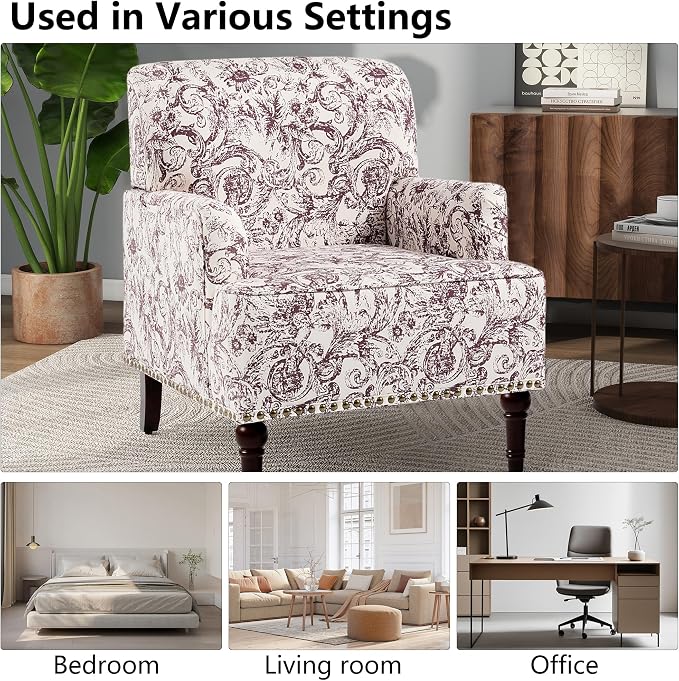 Accent Chair, Mid Century Modern Comfy Armchair for Living Room, Linen Fabric Single Sofa Lounge for Reading Bedroom Apartment Waiting Room with Wood Legs (Rococo Plum, Set of 1)