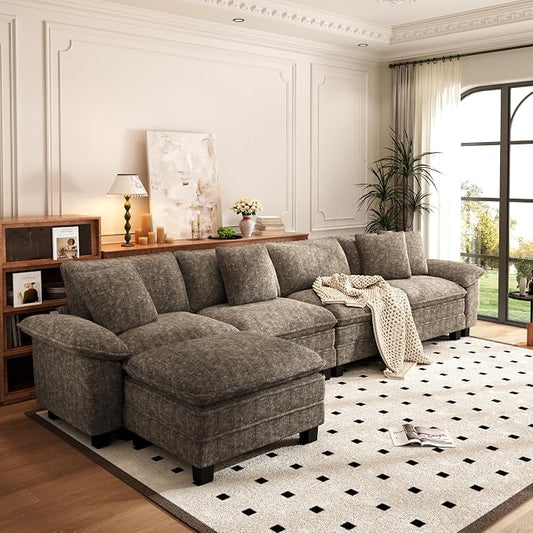 PHI VILLA Cloud Modular Couch Sets, 157.5" Oversized Sectional Sofa with L-Shaped Chaise, 5-Seater Upholstered Couches with Movable Ottoman for Living Room, Chenille Grayish Brown