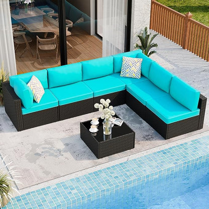 7 Piece Outdoor Patio Furniture Set,Black PE Rattan Wicker Sectional Sofa, All Weather Conversation Set with Washable Cushions & Glass Coffee Table for Backyard Poolside Garden Porch,Blue