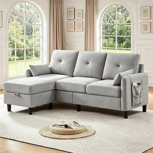 Convertible L-Shaped Sectional Sofa, 3-Seat Sofa Couches with Storage Ottoman & 2 Pillows and Side Storage Pockage, Small Modern Couch for Living Room, Apartment and Office, Light Grey
