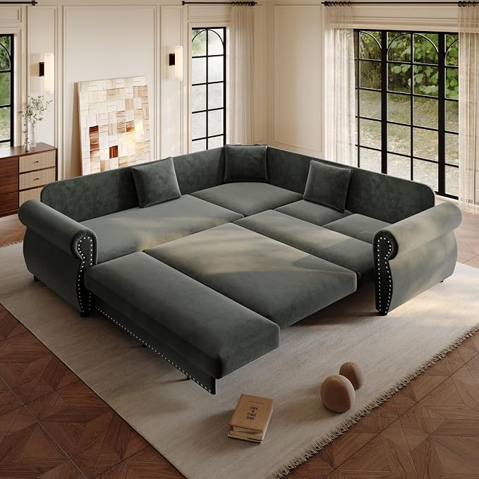 88.2" Sectional Sleeper Sofa with Pull Out Bed - Oversize L-Shaped Convertible Sleeper Couch Bed, Button Tufted Chesterfield Sofa, Chenille Vintage Couches for Living Room(4-Seater, Dark Grey)