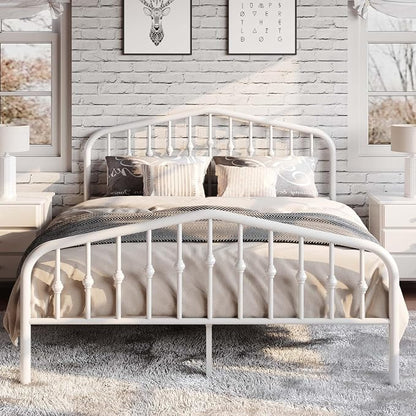 SHA CERLIN Queen Size Metal Platform Bed Frame with Victorian Style Wrought Iron-Art Headboard/Footboard, No Box Spring Required, White