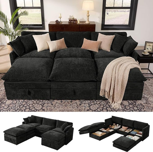Ihanherry Oversized Sectional Sofa Bed with Storage, 103” 6-Seater Modular Cloud Couch with Movable Ottomans, Chenille Deep Seat Sleeper Couches for Living Room (Black)