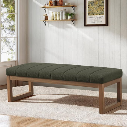 Zihanhome 52.7" Bedroom Bench for End of Bed, Modern Upholstered Teddy Fabric Entryway Bench & Dining Bench, Footrest Stool Bench with Solid Wood Frame for Bedroom, Living Room (Green)