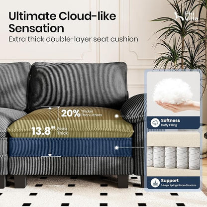PHI VILLA Cloud Modular Couch Sets, 157.5" Oversized Sectional Sofa with L-Shaped Chaise, 5-Seater Upholstered Couches with Movable Ottoman for Living Room, Corduroy Grey