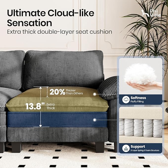 PHI VILLA Cloud Modular Couch Sets, 123.6" Sectional Sofa with L-Shaped Chaise, 4-Seater Upholstered Couches with MCorduroyovable Ottoman for Living Room, Corduroy Fabric, Grey