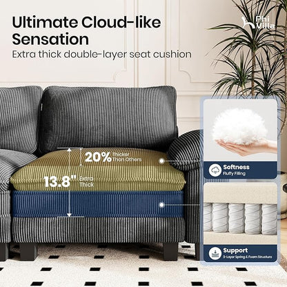 PHI VILLA Cloud Modular Couch Sets, 123.6" Sectional Sofa with L-Shaped Chaise, 4-Seater Upholstered Couches with MCorduroyovable Ottoman for Living Room, Corduroy Fabric, Grey