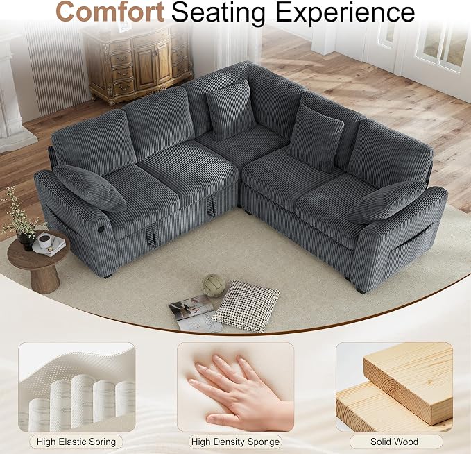 Hanherry Sectional Couch with Pull Out Sofa Bed,Corduroy Sleeper Sofa with 2 Seat Storage & USB Charging,Comfy L Shaped Modular Couches for Living Room,Apartment