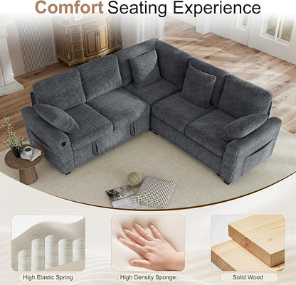 Hanherry Sectional Couch with Pull Out Sofa Bed,Corduroy Sleeper Sofa with 2 Seat Storage & USB Charging,Comfy L Shaped Modular Couches for Living Room,Apartment