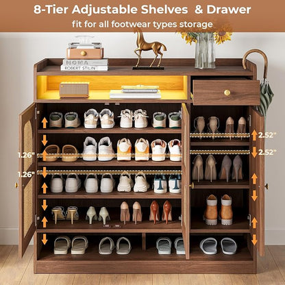 LIKIMIO Rattan Shoe Storage Cabinet, 30 Pairs 6-Tier Shoe Cabinet Storage for Entryway with LED Light, Drawer & Doors, Adjustable Shelves, Shoe Rack Organizer for Hallway, Living Room, Walnut