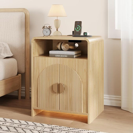 Nightstand with Charging Station and LED Lights, Night Stands with Adjustable Storage Cabinet, Modern Side Table with Fluted Doors and Open Storage, Bedside Table for Bedroom, Natural