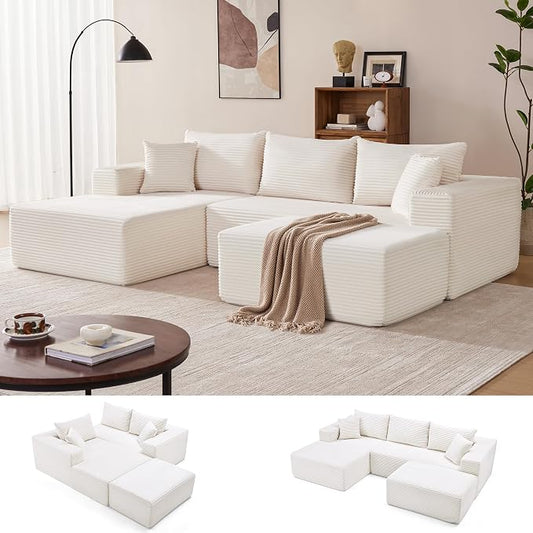 Mangodan 110” Cloud Sectional Couch, Modular Sectional Sofa with Deep Seat, Boneless Sofa for Living Room, Fluffy Comfy U-Shaped Couch with Left Facing Chaise, No Assembly Required, Beige