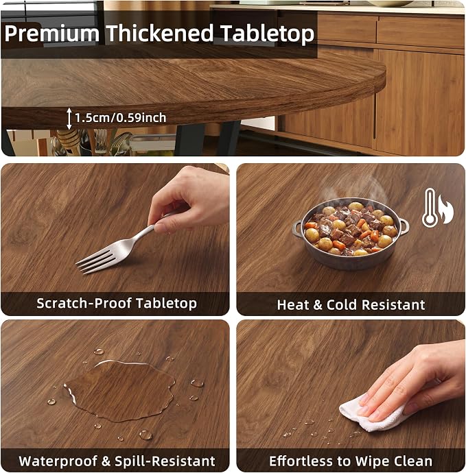 Dining Table for 2-4, 43“ Round Dining Room Kitchen Table with Storage,Round Table for Living Room,Fluted Wood Table,Oval Dinner Furniture with Adjustable feet (Walnut, 43 Inch)